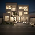 Modern Detached Villa Exterior with Large Windows Illuminated Evening Garden Tree and Outdoor Seating