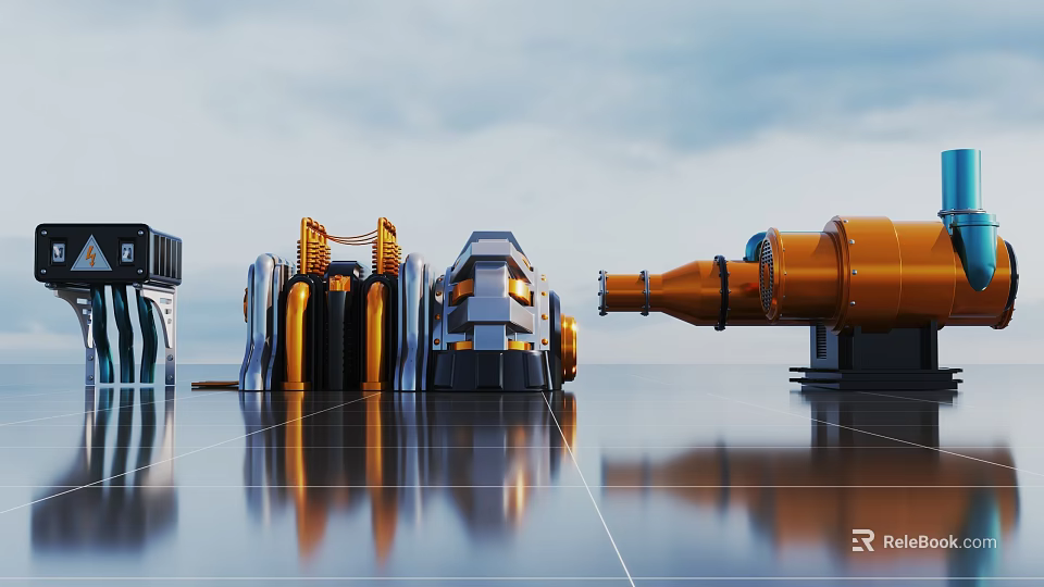 Industrial Mechanical Components With Orange And Silver Structures On Reflective Floor 3d model