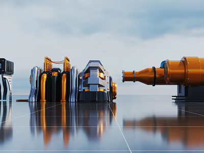 Industrial Mechanical Components With Orange And Silver Structures On Reflective Floor 3d model