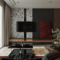 Elegant Modern Living Dining Room Interior With Red Sofa Dining Table And Decorative Painting