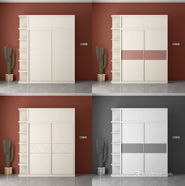 Modern Sliding Door Wardrobe With Different Panel Designs And Cactus Decor Elements 3d model 