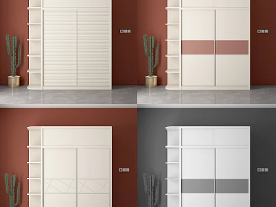 Modern Sliding Door Wardrobe With Different Panel Designs And Cactus Decor Elements 3d model
