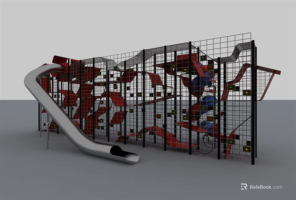Modern Playground Equipment With Metal Grid Climbing Structure And Curved Slide 3d model 