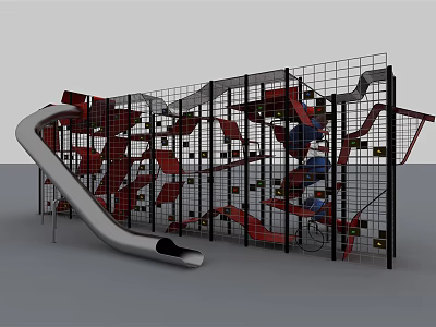 Modern Playground Equipment With Metal Grid Climbing Structure And Curved Slide 3d model