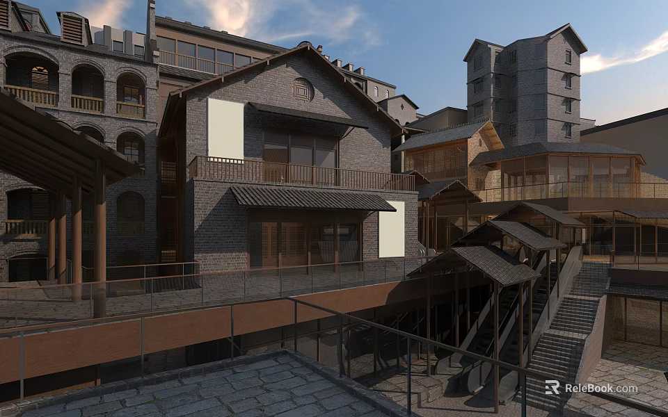 Ancient Architecture Complex With Traditional Brick Structure Wooden Balconies And Stone Courtyard 3d model 