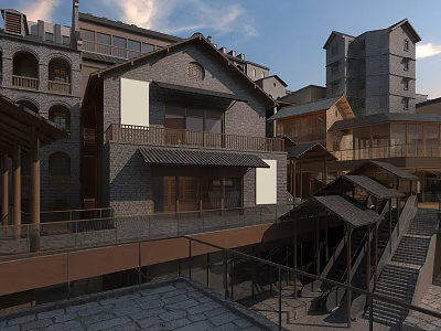 Ancient Architecture Complex With Traditional Brick Structure Wooden Balconies And Stone Courtyard 3d model