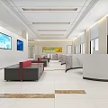Modern Spacious Service Hall Interior With Bright Lighting Round Counter And Self Service Devices