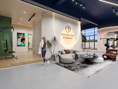 Sunny Gym Fitness Center Interior With Equipment And Lounge Area 3d model