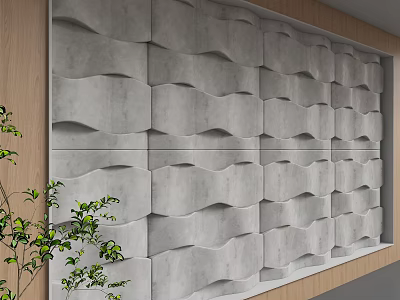 Contemporary Textured Concrete Wall Design With Wooden Frame And Green Plants 3d model