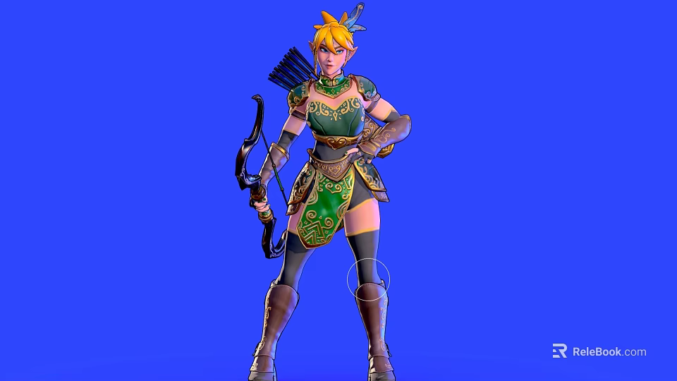 Game Movie Character With Blonde Hair Green Outfit Bow And Boots In Blue Background 3d model 