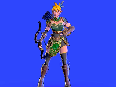 Game Movie Character With Blonde Hair Green Outfit Bow And Boots In Blue Background 3d model