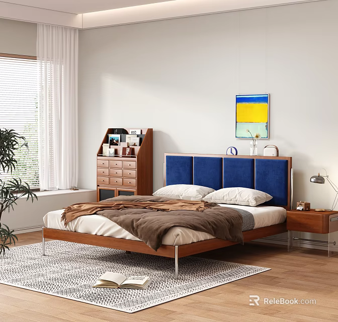 Double Bed With Blue Upholstered Headboard Wooden Frame Nightstand And Colorful Painting In Modern Bedroom 3d model 