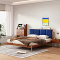 Double Bed With Blue Upholstered Headboard Wooden Frame Nightstand And Colorful Painting In Modern Bedroom