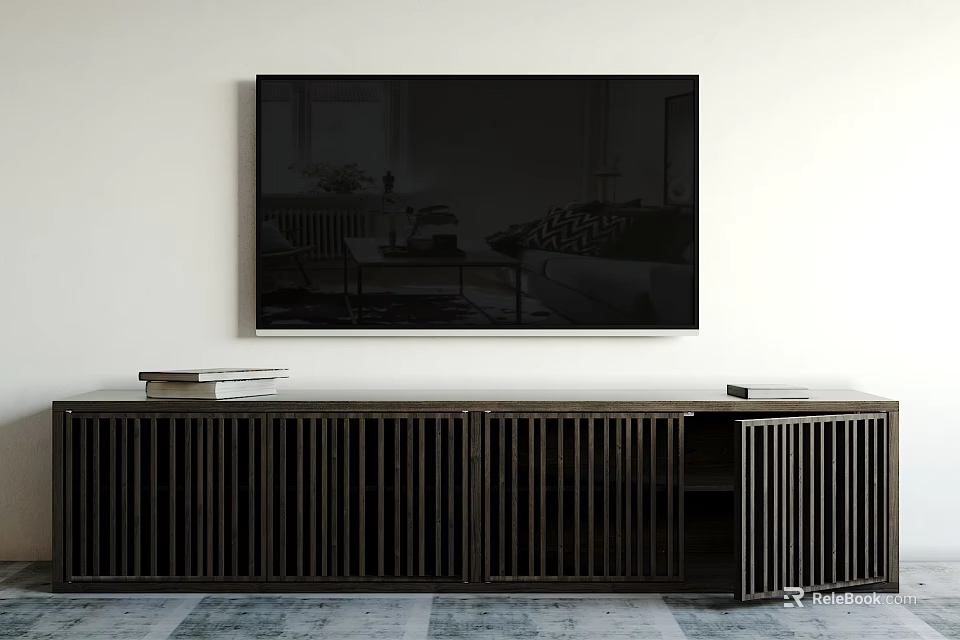 Modern Dark TV Stand With Vertical Slats TV And Books On Top 3d model 