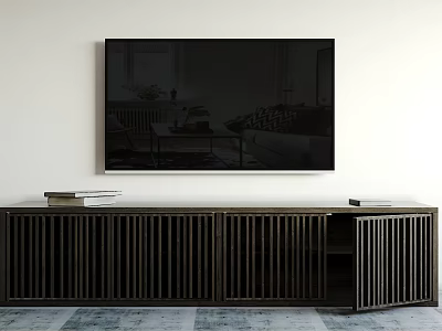 Modern Dark TV Stand With Vertical Slats TV And Books On Top 3d model