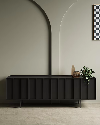 Black Minimalist TV Stand With Panel Design And Potted Plant On Beige Wall Background 3d model