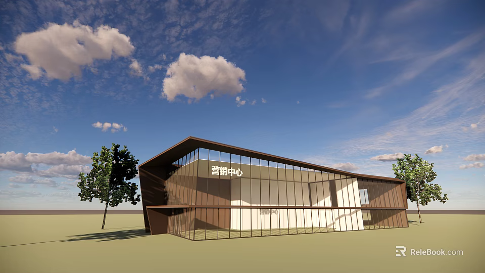 Modern Sales Office Building With Glass Curtain Wall Unique Roof Design And Surrounding Trees 3d model 