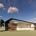 Modern Sales Office Building With Glass Curtain Wall Unique Roof Design And Surrounding Trees