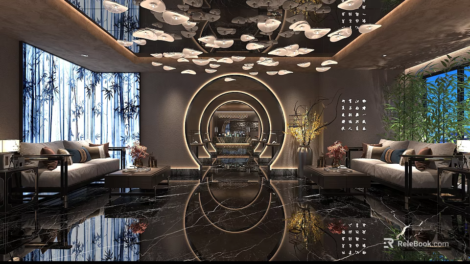 Elegant SPA Sauna Interior With Circular Mirror Sofa Seating Green Plants And Decorative Lights 3d model 