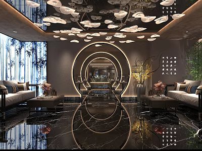 Elegant SPA Sauna Interior With Circular Mirror Sofa Seating Green Plants And Decorative Lights 3d model