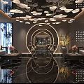 Elegant SPA Sauna Interior With Circular Mirror Sofa Seating Green Plants And Decorative Lights
