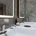 Modern Elegant Public Restroom With Marble Decor Double Mirrors Washbasins And Private Cubicles