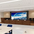 Modern Conference Room Interior With Large Screen Long Tables Blue Chairs And White Ceiling
