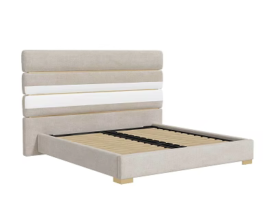 Modern Beige Upholstered Double Bed With Striped Headboard And Wooden Legs 3d model
