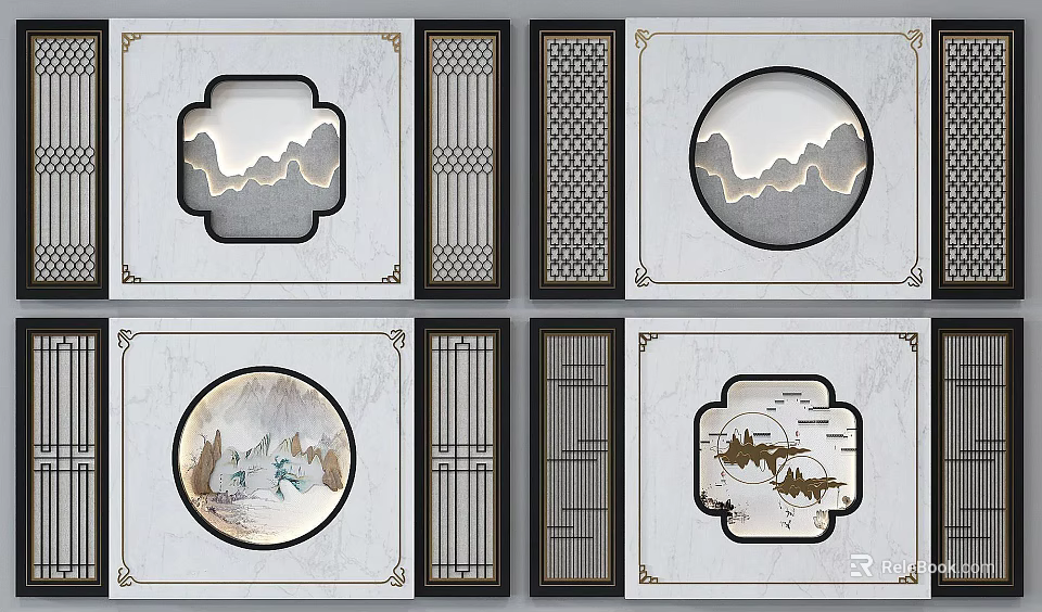 Traditional Chinese Decorative Components With Various Shapes Landscape Patterns And Grid Designs 3d model