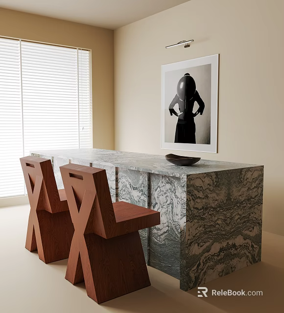 Marble Top Dining Table Set with Geometric Wooden Chairs in Bright Room with Painting 3d model 