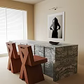 Marble Top Dining Table Set with Geometric Wooden Chairs in Bright Room with Painting