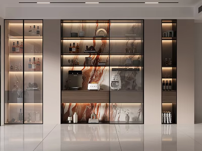 Modern Wine Cabinet Interior Design with Glass Doors Layered Shelves and Displayed Wine Bottles 3d model
