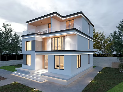 Modern Two Story Detached Villa With Large Glass Windows Balcony And Green Lawn 3d model