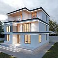 Modern Two Story Detached Villa With Large Glass Windows Balcony And Green Lawn