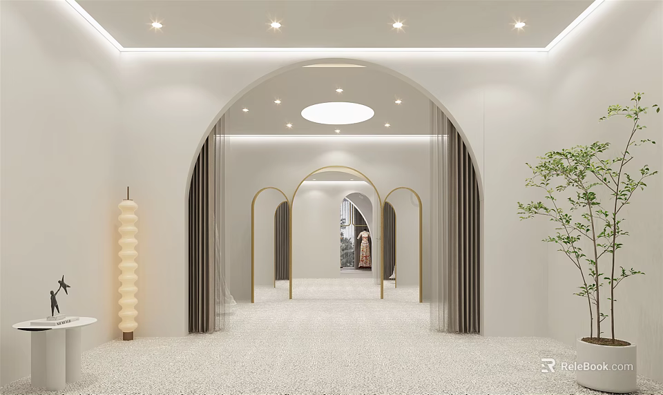 Elegant Bridal Shop Interior With White Walls Arched Doorways And Light Stone Floor 3d model 