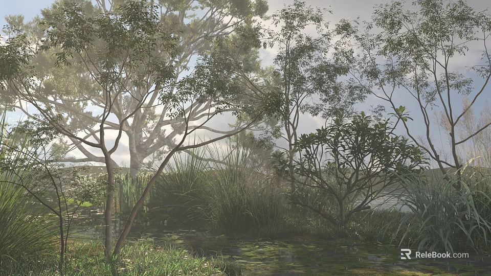Lush Flowers And Green Plants In Serene Natural Wetland With Trees And Calm Water 3d model 