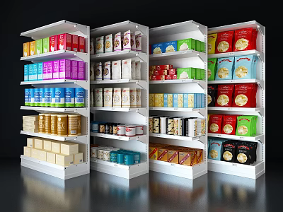 White Retail Display Shelves Stocked With Colorful Packaged Food Products In Modern Store Layout 3d model
