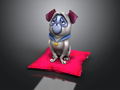 Cartoon Pug Figure Sitting On Red Cushion Wearing Blue Collar With Gold Bell 3d model