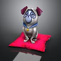 Cartoon Pug Figure Sitting On Red Cushion Wearing Blue Collar With Gold Bell