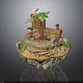 Charming Tree House Building on Floating Island with Mushrooms Steps and Green Plants