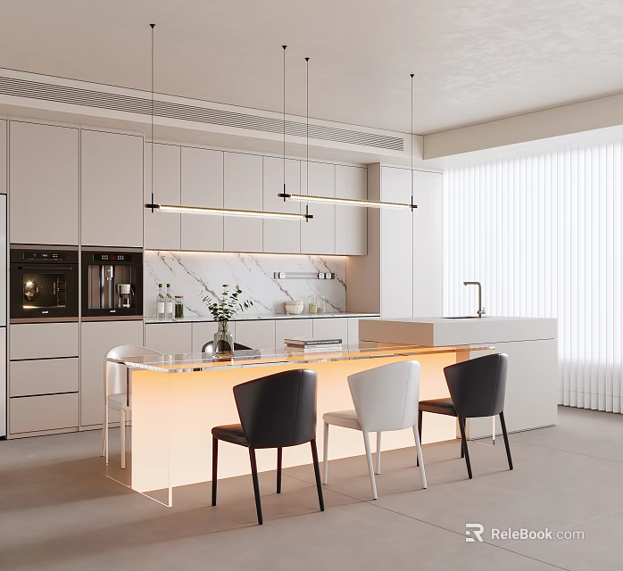 Modern Restaurant Kitchen Interior With Open Design Island Counter Hanging Lights And Chairs 3d model 