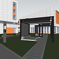 Modern Style School Building With White And Yellow Exterior Courtyard Trees Lawn And Pathway
