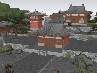 Traditional Chinese Ancient Architecture With Eaves Roofs Red Walls Wooden Doors Courtyard And Stone Steps 3d model