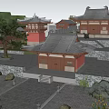Traditional Chinese Ancient Architecture With Eaves Roofs Red Walls Wooden Doors Courtyard And Stone Steps
