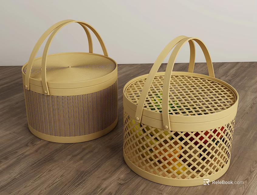 Beige Woven Storage Baskets With Handles Lid And Openwork Design For Home Organizing 3d model 