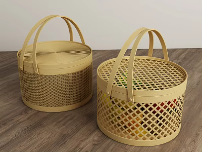 Beige Woven Storage Baskets With Handles Lid And Openwork Design For Home Organizing 3d model