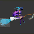 Witch Character With Purple Hair Blue Hat Riding Broomstick And Glowing Elements