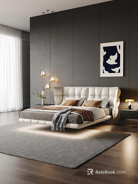 Modern White Double Bed With Upholstered Headboard Brown Pillows Grey Blanket Nightstand And Table Lamp 3d model 