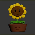 Cartoon Sunflower Potted Plant Featuring Smiling Face Yellow Petals Green Leaves And Brown Pot