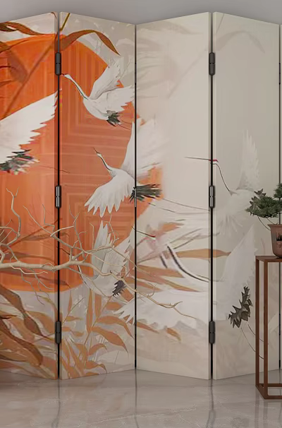 Decorative Room Divider With White Cranes Orange Beige Design Celadon Vases And Potted Plant 3d model